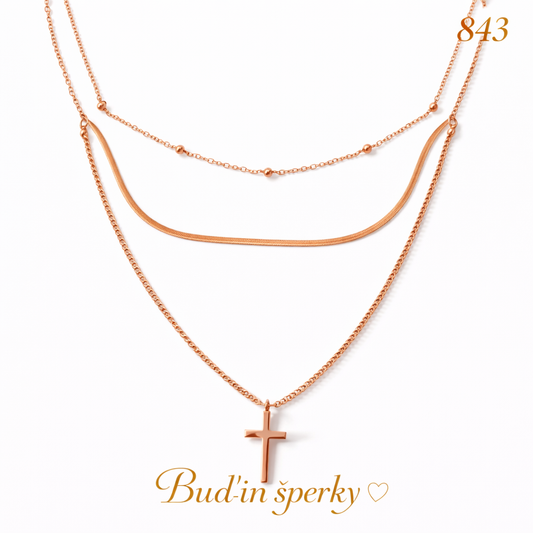 843 náhrdelník 3 řadový kříž rose gold